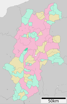 Yamagatas läge i Nagano prefektur Städer:      Signifikanta städer      Övriga städer Landskommuner:      Köpingar      Byar