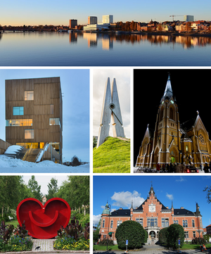 De cima: Vista sobre o centro mostrado o rio Ume, Museu da Imagem, "Skin 4", Umeå Arts Campus, Igreja de Umeå, o Coração Sorridente, Câmara Municipal de Umeå.