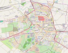 Mapa konturowa Zamościa, w centrum znajduje się punkt z opisem „Stadion OSiR w Zamościu”