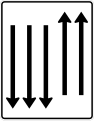 Zeichen 522-35 Fahrstreifentafel – mit Gegenverkehr – zweistreifig in Fahrtrichtung und dreistreifig in Gegenrichtung