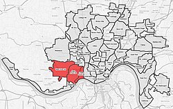 Price Hill (red) within Cincinnati, OH