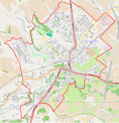 Mapa konturowa Żukowa, blisko centrum na dole znajduje się punkt z opisem „Kościół Wniebowzięcia Najświętszej Marii Panny w Żukowie”