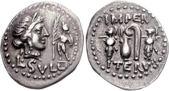 El denari emès ca. 84-83 aC, sota el govern de Sul·la, representava a Venus amb una diadema i un Cupido dempeus amb una branca de palmera, i al revers dos trofeus militars i instruments religiosos (gerro i lituus)