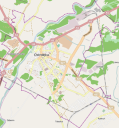 Mapa konturowa Ostrołęki, u góry po prawej znajduje się punkt z opisem „Energa Elektrownie Ostrołęka”