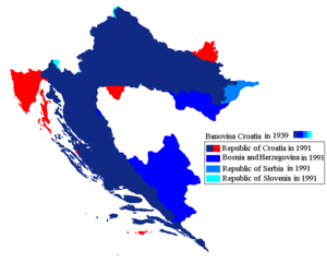 Karte der heute auf dem Gebiet der Banschaft Kroatien existierenden Staaten