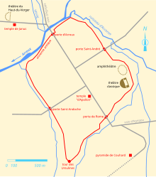 Matérialisation de l'emplacement de quelques édifices sur le plan d'une ville antique.