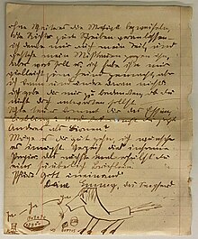 vergilbter Brief auf liniertem Papier mit brauner Handschrift und Zeichnungen