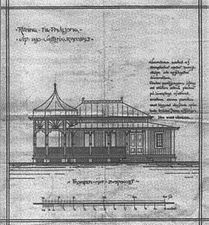 Ritning till Eirapaviljongen (1907) vid Hjo Vattenkuranstalt.