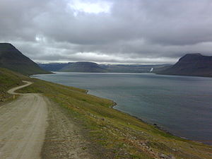 Am Arnarfjörður, im Hintergrund der Wasserfall Dynjandi