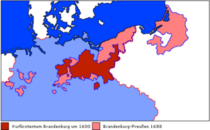 Brandenburg-Prusia în 1688 (roșu închis Brandenburg în 1600)