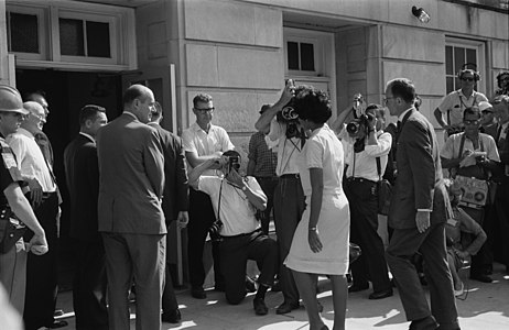 Vivian Malone Jones arrives to register at the Foster Auditorium at Stand in the Schoolhouse Door, by Warren K. Leffler (restored by Adam Cuerden)