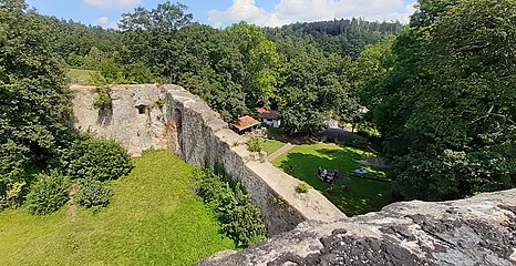 Links Hauptburg, mittig Schildmauer, rechts Vorburggelände