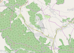 Mapa konturowa Jedliny-Zdroju, blisko centrum po prawej na dole znajduje się punkt z opisem „Telewizyjna Stacja Retransmisyjna Góra Kawiniec”