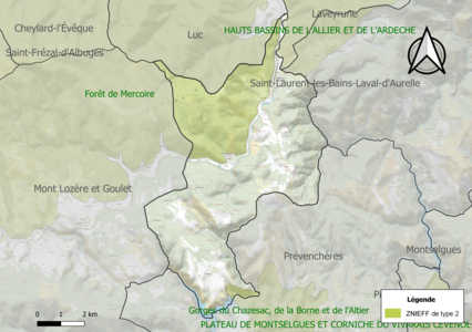 Carte des ZNIEFF de type 2 sur la commune.