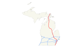 Le parcours de l'Interstate 75, en rouge, dans l'État du Michigan.