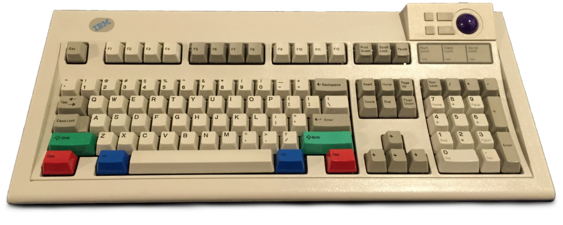 IBM Model M5-2, med en lila trackball och alternativa "RGB" -tangenter från Unicomp.