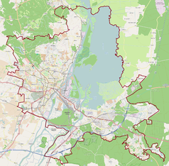 Mapa konturowa Szczecina, po lewej znajduje się punkt z opisem „Willa Gerloffa”