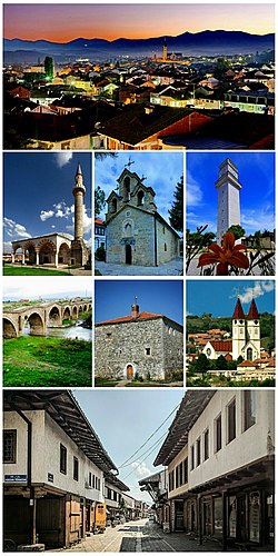 Kolaž slika Đakovice (Noćna panorama grada, Hadum džamija, Crkva Svetog Jovana Krstitelja, Đakovička sahat-kula, Terzijski most, Mazrekaj kula, Katolička crkva Svetog Petra i Pavla, Đakovački stari bazar)