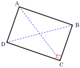 Tekening van een schuin geplaatste rechthoek met blauwe diagonalen en letters bij de hoeken