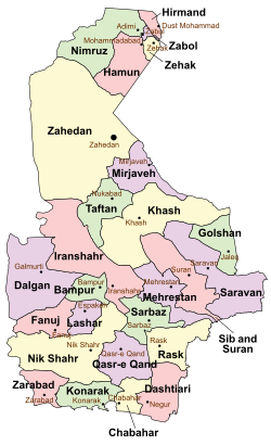 Location of Dashtiari County in Sistan and Baluchestan province (bottom right, pink)