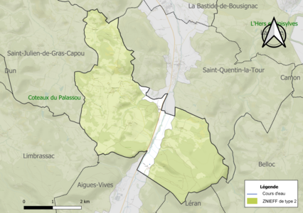 Carte de la ZNIEFF de type 2 sur la commune.