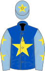 ROYAL BLUE, yellow star, light blue sleeves, yellow stars, light blue cap, yellow star