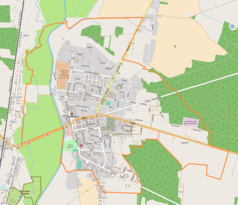 Mapa konturowa Poddębic, blisko centrum po lewej na dole znajduje się punkt z opisem „Parafia Ewangelicko-Augsburska w Poddębicach”