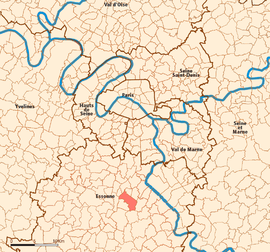 Location (in red) within Paris inner and outer suburbs