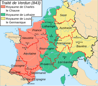 Carte représentant avec différentes couleurs la division en trois parties de l'Empire carolingien