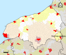 Localisation de l'aire d'attraction de Gournay-en-Bray dans le département de la Seine-Maritime.