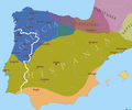 Image 16Iberian Peninsula c. 560. Suebi territory with its capital in Braga (blue); Visigothic territory with its capital in Toledo (green) (from History of Portugal)