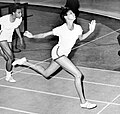 Wilma Rudolph at the finish line during 50-yard dash at track meet in Madison Square Garden, 1961