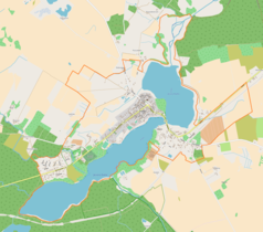 Mapa konturowa Drawna, w centrum znajduje się punkt z opisem „Muzeum w Spichlerzu w Drawnie”