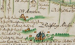 Oud Ampsen (‘Olt Amschen’) op een kaart uit 1643.