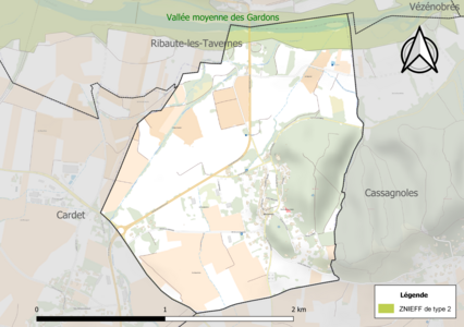 Carte de la ZNIEFF de type 2 sur la commune.