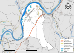 Carte en couleur présentant le réseau hydrographique de la commune