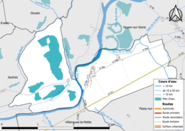 Carte en couleur présentant le réseau hydrographique de la commune