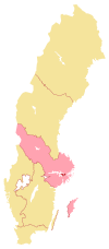 Tingsrättens domsaga (rött) samt den hovrätt den faller under (ljusrosa).