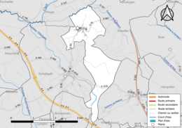 Carte en couleur présentant le réseau hydrographique de la commune