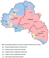 Ethnic map of Harghita, Covasna, and Mureș based on the 2011 data, showing areas with Hungarian majority