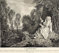 Watteau : L'indiscret, 1716 gravure de Michel Aubert