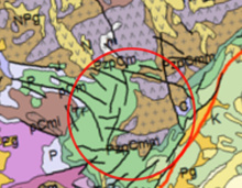 Carte géologique du Massif central méridional où apparait cerclé le site des Causses et Cévennes et composé à l'ouest de calcaires et à l'est de granite encadré par deux massifs de schistes au nord et au sud.