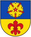 Wappen von Kevelaer: goldene Rose mit fünfzackigem Butzen und roten Kelchblättern