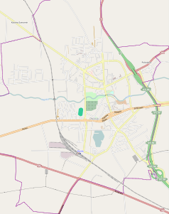 Mapa konturowa Płońska, blisko centrum na prawo u góry znajduje się punkt z opisem „Lądowisko Płońsk-Szpital”