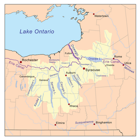 Map. The eastern half of Lake Ontario runs across the top half of the map. The bottom half shows several slender lakes running north-south; these are the Finger Lakes. Oneida Lake and Wood Creek are to the east of the Finger Lakes, near the map's center. The map indicates numerous rivers flowing out of the Finger Lakes, out of Oneida Lake, and from other sources. These waters flow into Lake Ontario at Oswego.