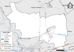 Carte en couleur présentant le réseau hydrographique de la commune