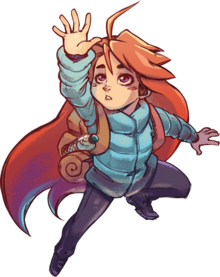 Madeline, a young woman with long bright red hair, wearing a backpack and blue vest, reaches upward with her right hand.