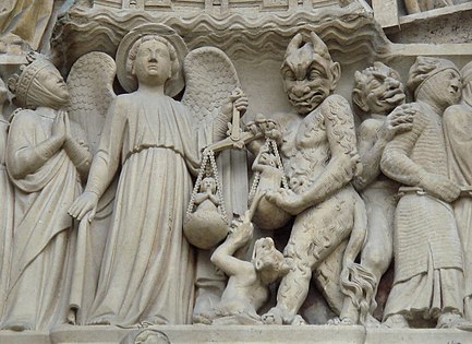 Arcanjo Miguel e Satã pesando almas durante o Juízo Final (portal central da Notre-Dame de Paris, fachada oeste)