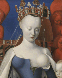 Painting of woman with very pale skin, hair nearly bald beneath her crown, with her bodice undone and one breast exposed