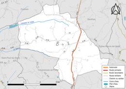 Carte en couleur présentant le réseau hydrographique de la commune